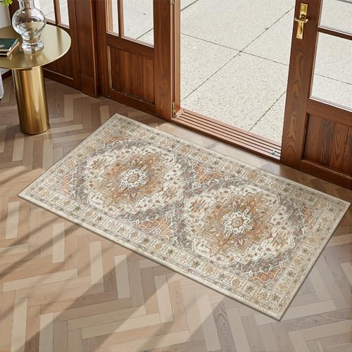 Madane Washable Area Rug 2x4, Small Entryway Rug Non-Slip Vintage Door Mat Indoor Entrance, Low Pile Floor Carpet Runner for Inside Front Door Kitchen Entry Laundry, Turmeric/Grey