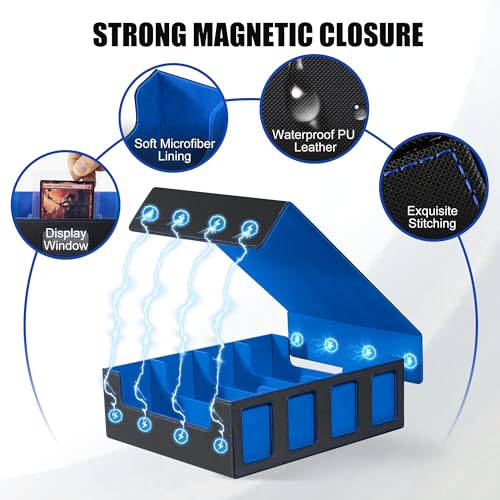 Image of Trading Card Storage Box with Commander Display , 4-Row Deck Case with Removable Lid; 2400+ Card Deck Box for MTG TCG Sports Card, 4 Top Loaders, 4 Stoppers, 24 Dividers,1 Dice Bag (Black Blue)