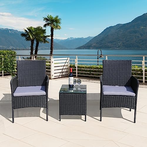 Patio Furniture Set 3 Pieces of Outdoor Furniture, Patio Table and Chairs with Thick Cushion Sectional Outdoor Set, Manual Wicker Patio Conversation Set for Porch Backyard Lawn Garden Pool Black/Grey