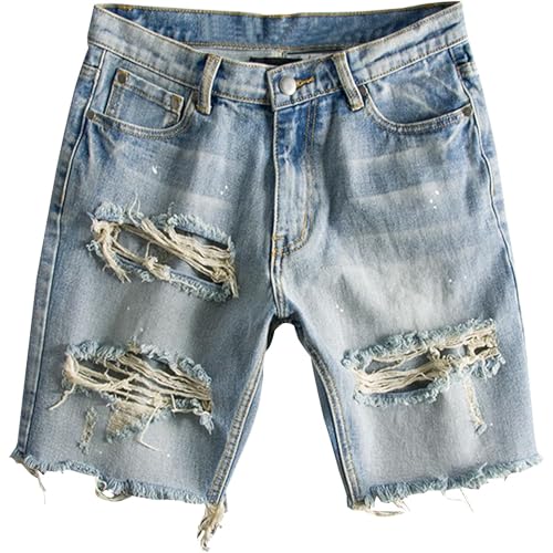 Generic Men's Street Style Jean Shorts Distressed Classic Fit Frayed Short Jean Pants Fashion Ripped Knee Lenght Half Jeans (Light Blue,Large)