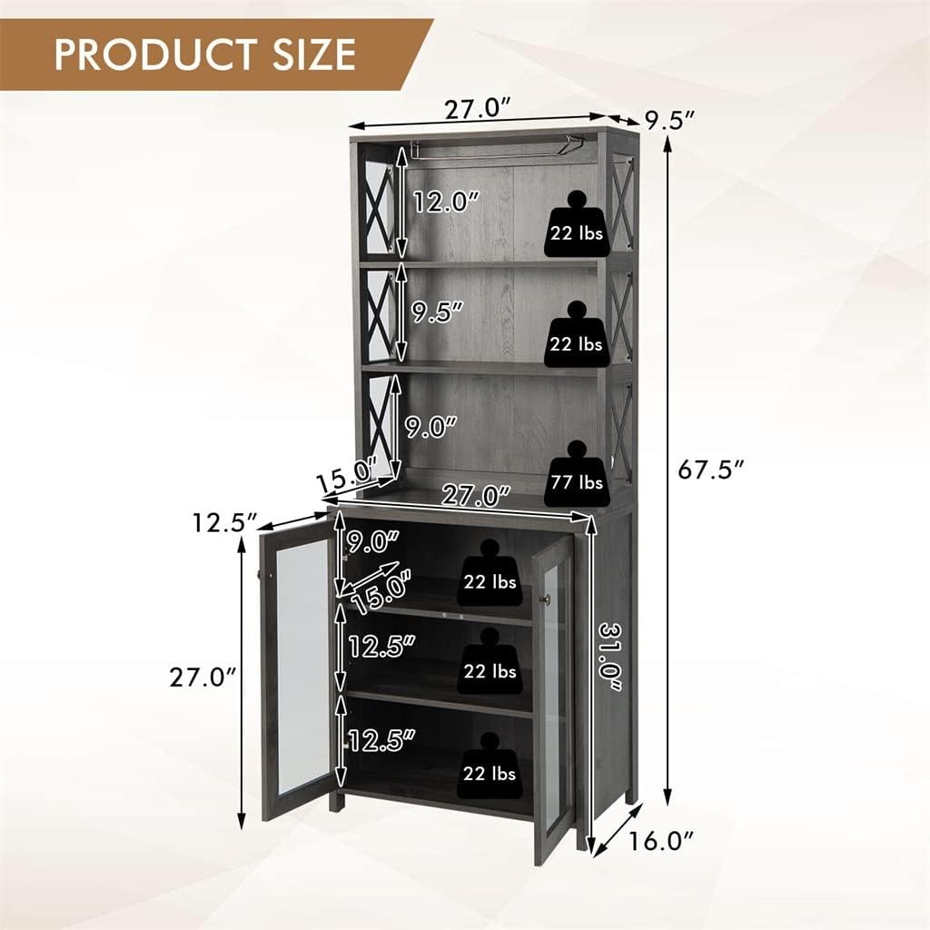 Tall Freestanding Bar Cabinet Kitchen Buffet W/Glass Holder & Adjustable Shelf (D As Shown)