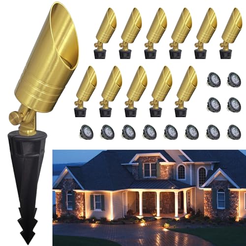MALORY Brass Outdoor Spot Lights,12V Low Voltage Landscape Lighting,Waterproof Outdoor LED Spotlights with Bulb for Yard,Garden,Lawn,Tree (12-Pack wit