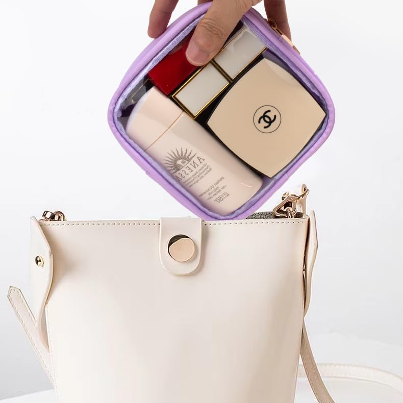 Clear Makeup Bag for Purse - Small Cosmetic Bag, Toiletry Bags, Cute Travel Makeup Bag, Coin Purse, Car Accessories Organizer - Storage Travel Essentials for Women & Girls (Clear-Purple) - Image 3