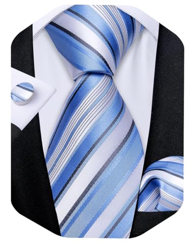 Image of DiBanGu Striped Tie Set for Men Silk Woven Plaid Necktie and Pocket Square Cufflinks Business Wedding