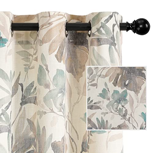 Image of MYSKY HOME Floral Kitchen Curtains 45 Inch Length Light Filtering Curtains for Bedroom Flower Printing Window Treatment Grommet 2 Panels,Brown and Natural