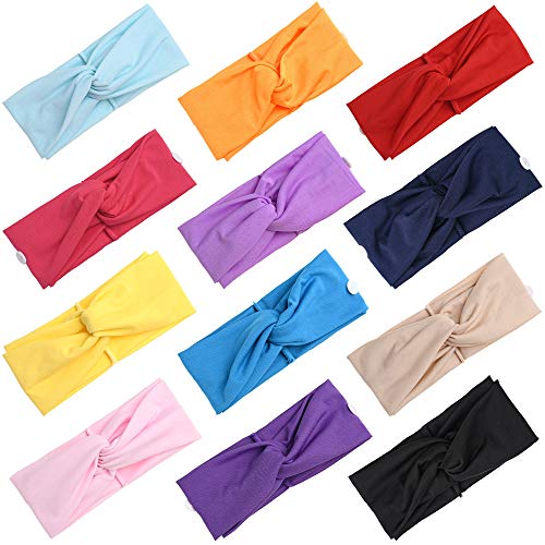 fani 12Pcs Knotted Headbands with Buttons, Criss Cross Turban Headband Headwraps Stretchy Solid Color Hairbands Yoga Sports Headband Hair Accessories for Women (12 color)