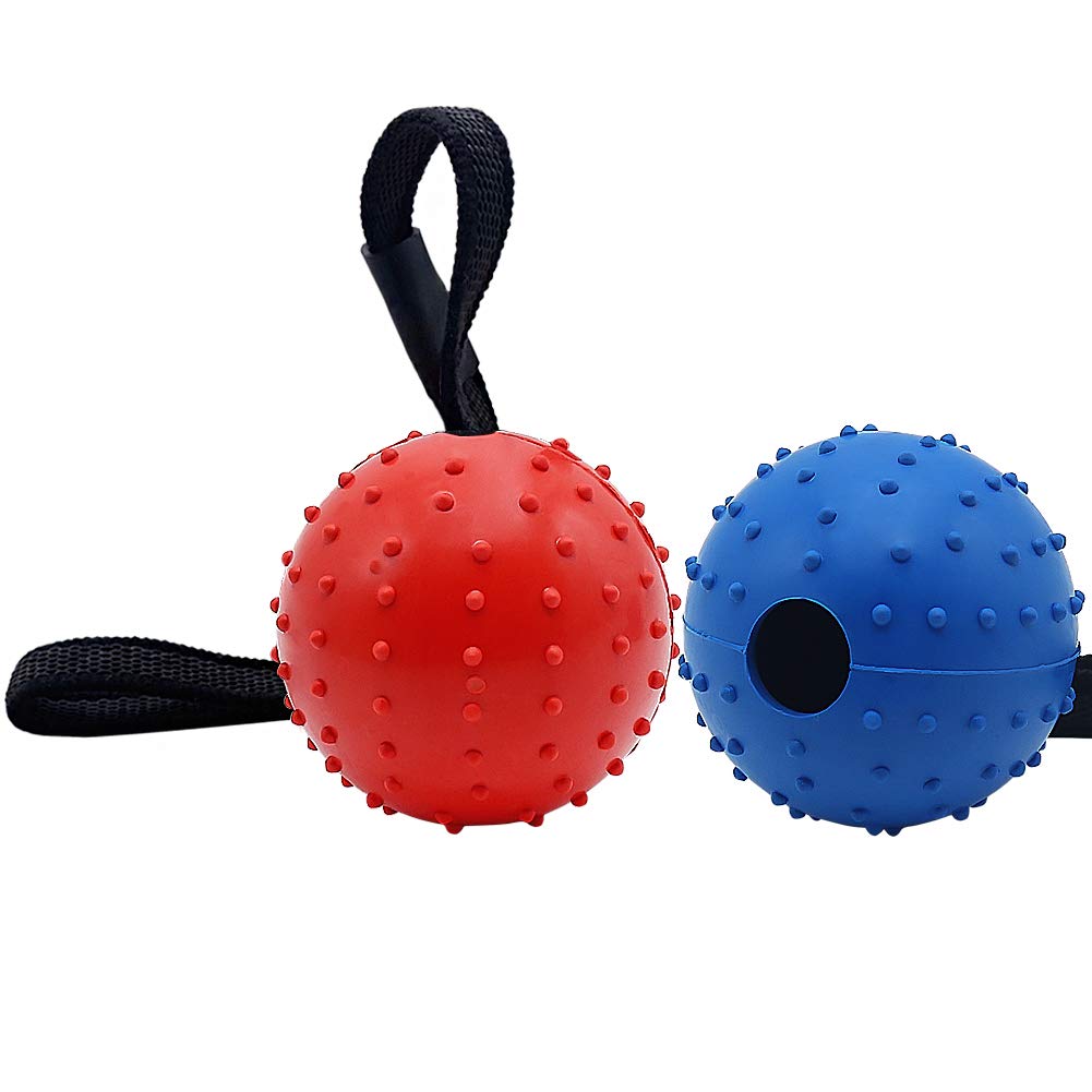 Vivifying Dog Ball on a Rope, 2 Pack Natural Interactive Rubber Dog Ball for Fetch, Catch, Throw and Tug of War (Blue+ Red)