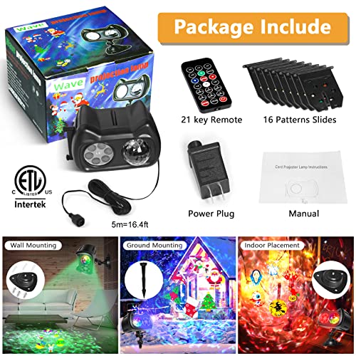 Christmas Projector Lights Outdoor, Remon 2-In-1 3D Ocean Wave Led Projector Lights Waterproof With 16 Hd Slides(96 Patterns) Remote Timer 10 Colors For Xmas Halloween Valentine Holiday Indoor Decor #TOP6
