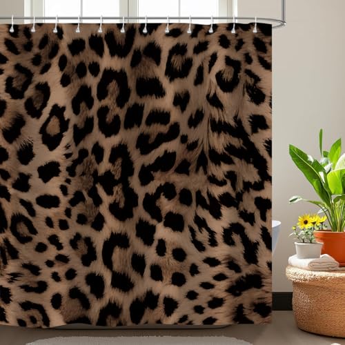 Emwnodti Sexy Leopard Print Shower CurtainWild Animal Cheetah Print Brown Black Fur Bathroom Accessory SetPolyester Fabric Waterproof Bath Curtain 72x72 Inch with 12 Hooks