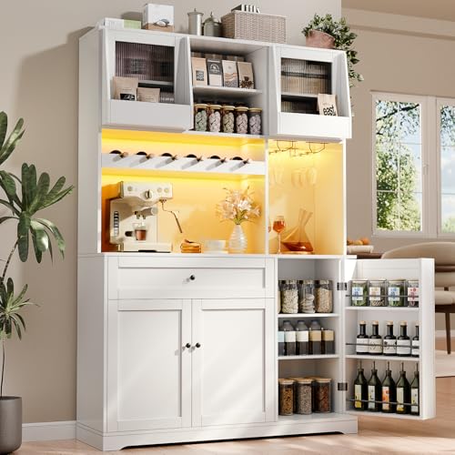 71' Tall Kitchen Pantry Storage Cabinet with 2 Sliding Doors & Outlet,Modern Kitchen Hutch Cabinet with LED Light & Drawers,Wood Food Pantry with Wine Rack & Glass Holder,Cupboard for Dining Room