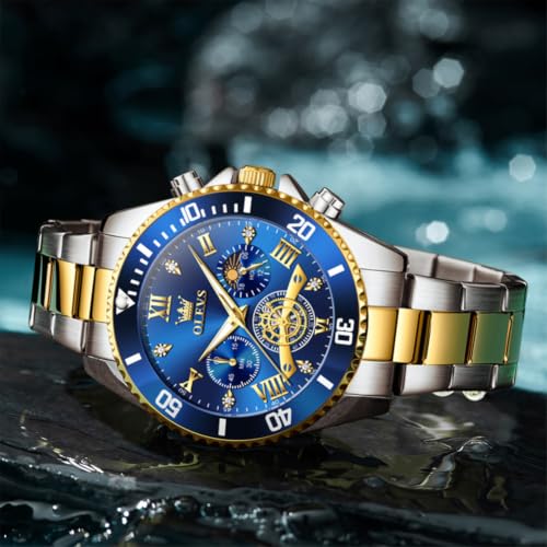 Image of OLEVS Mens Watches Chronograph Luxury Dress Moon Phase Two Tone Stainless Steel Waterproof Luminous Business Calendar Wrist Watch