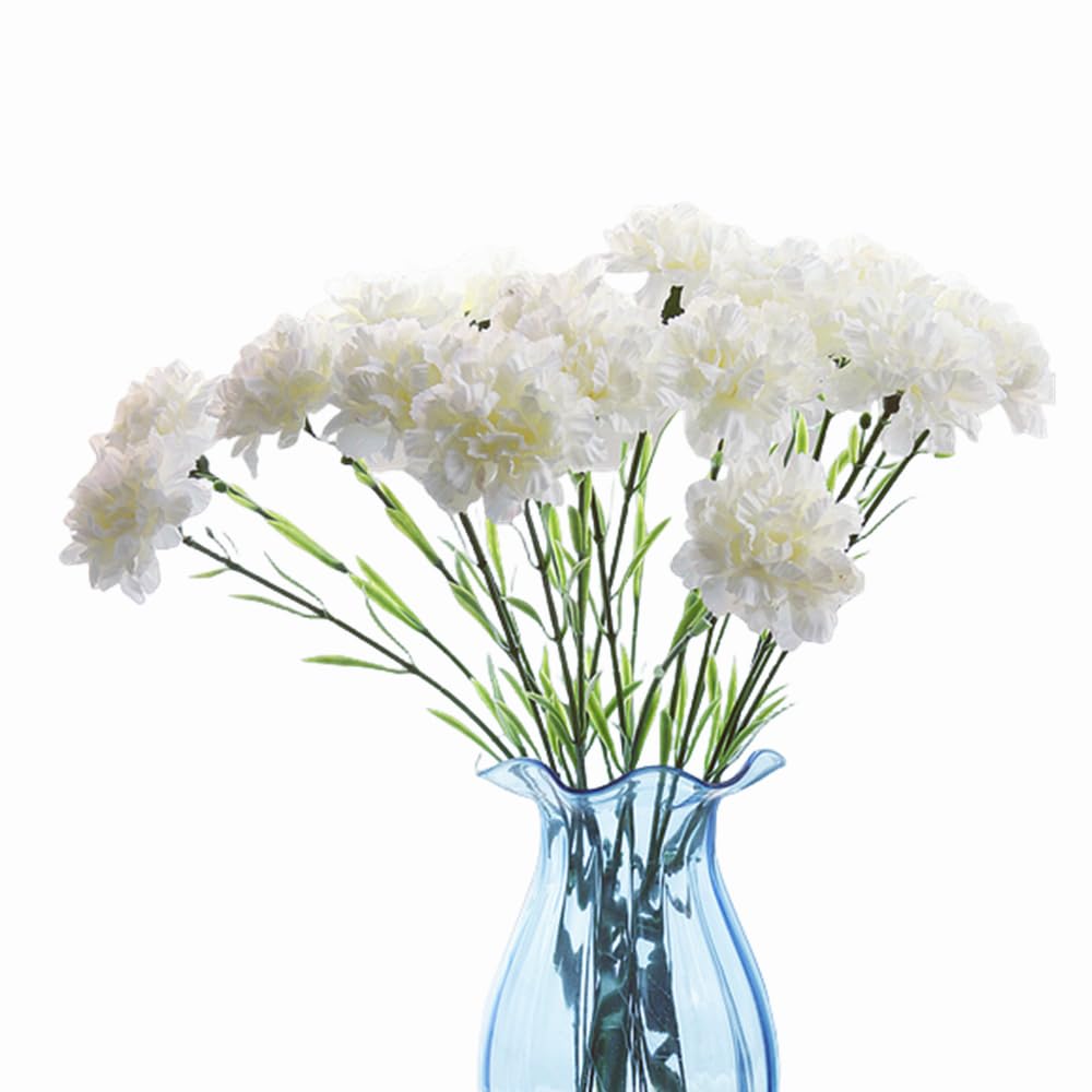 10 Bunches Bouquet of White Artificial Silk Flower Carnations,Single Flower Head 20 Inch Bouquet and Green Leaf for Party,Home Decor Bridal Wedding Holding Flowers Decoration