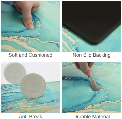 MAYHMYO Kitchen Rugs and Mats Set of 2 Teal Marble Gold Anti Fatigue Mat PVC Non Slip Turquoise Foam Cushioned Kitchen Mats for Floor Dining Room Home Office Sink Laundry