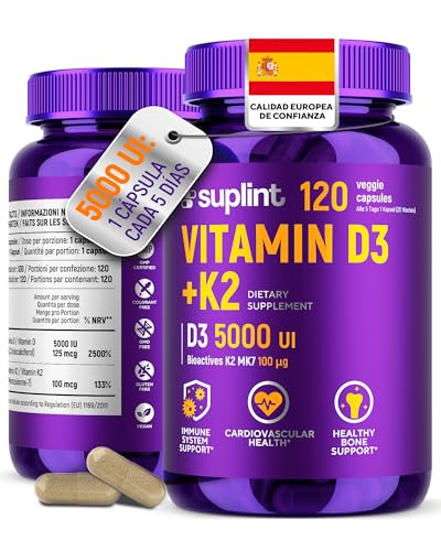 Vitamina D3 K2 Alta Dosis – 5000 UI Vitamina D + 100 µg ALL-TRANS K2 MK-7 ≥99% – 120 Cápsulas Veganas – Desarrollado en los Países Bajos – Certificado GMP – Apoyo a Huesos, Dientes e Inmunidad
