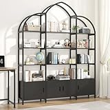 Semoic 85.8' Tall Arched Bookshelf with Door, 5-Tier Etagere Bookcase with Storage Cabinet Shelf, Triple Wide Industrial Bookshelf, Free Standing Display Shelf for Living Room Home Office, Black
