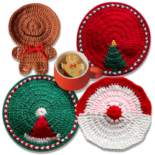 XGiGiX Crochet Designer Handmade Coasters Set, for All Drinks, Vases, Glass. Updated Great Housewarming Gift Idea. Ins Style absorbent suit for coffee hot tea cold drink. (Xmas A)