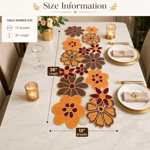 Image of MFU Made For You Hand Beaded Table Runner 13x36 inches for Dining Table, Special Occasions (13x36 Inches, Golden & Red Floral)