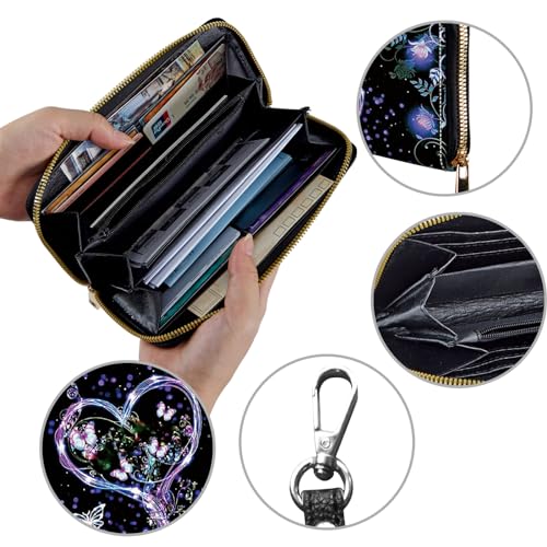 Image of Women's Wallets,Credit Card Holder Money Leather Long Wallet with Wristlet,Large Capacity with Zip-Around Phone Purse for Women Ladies Girls,Purple Butterfly Flower