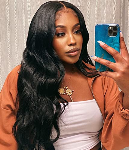 Long Black Lace Front Wig with Baby Hair Glueless Body Wave Synthetic Wig With Natural Hairline Black Wavy Wig for Women Heat Resistant 22 inches