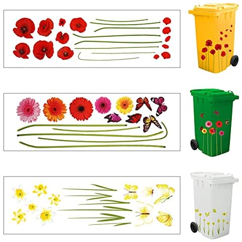 Fanshiontide 3 Sheets Wheelie Bin Stickers, Flowers Dustbin Decals Self-adhesive Waterproof Vinyl House Decorative Stickers Bin Labels for Cars Fridge Classroom Home Office Cover