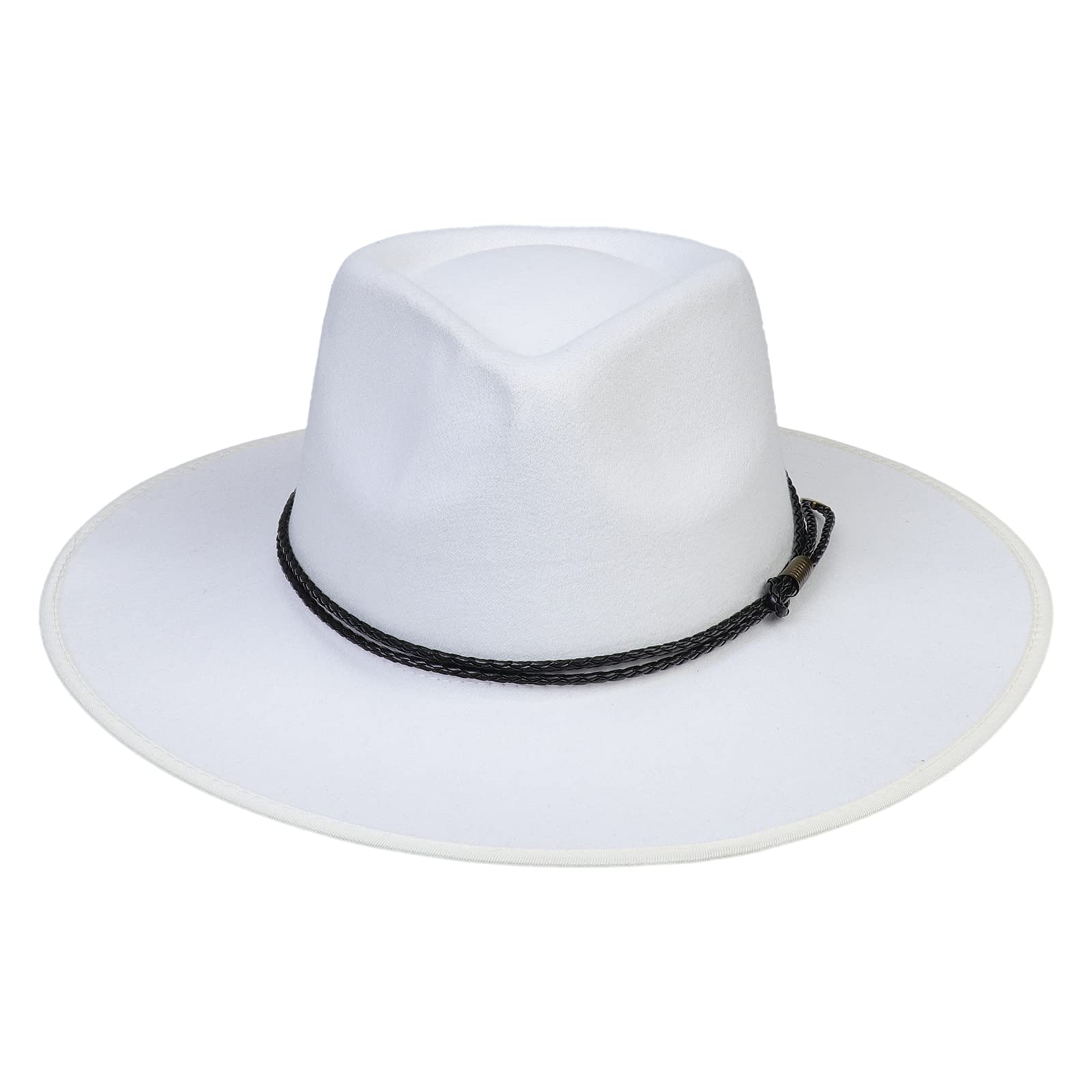 JK HomeWide Brim Fedora Hat - Wool Felt Panama Cap - One Size Unisex Women Men - Black Braided Leather Band