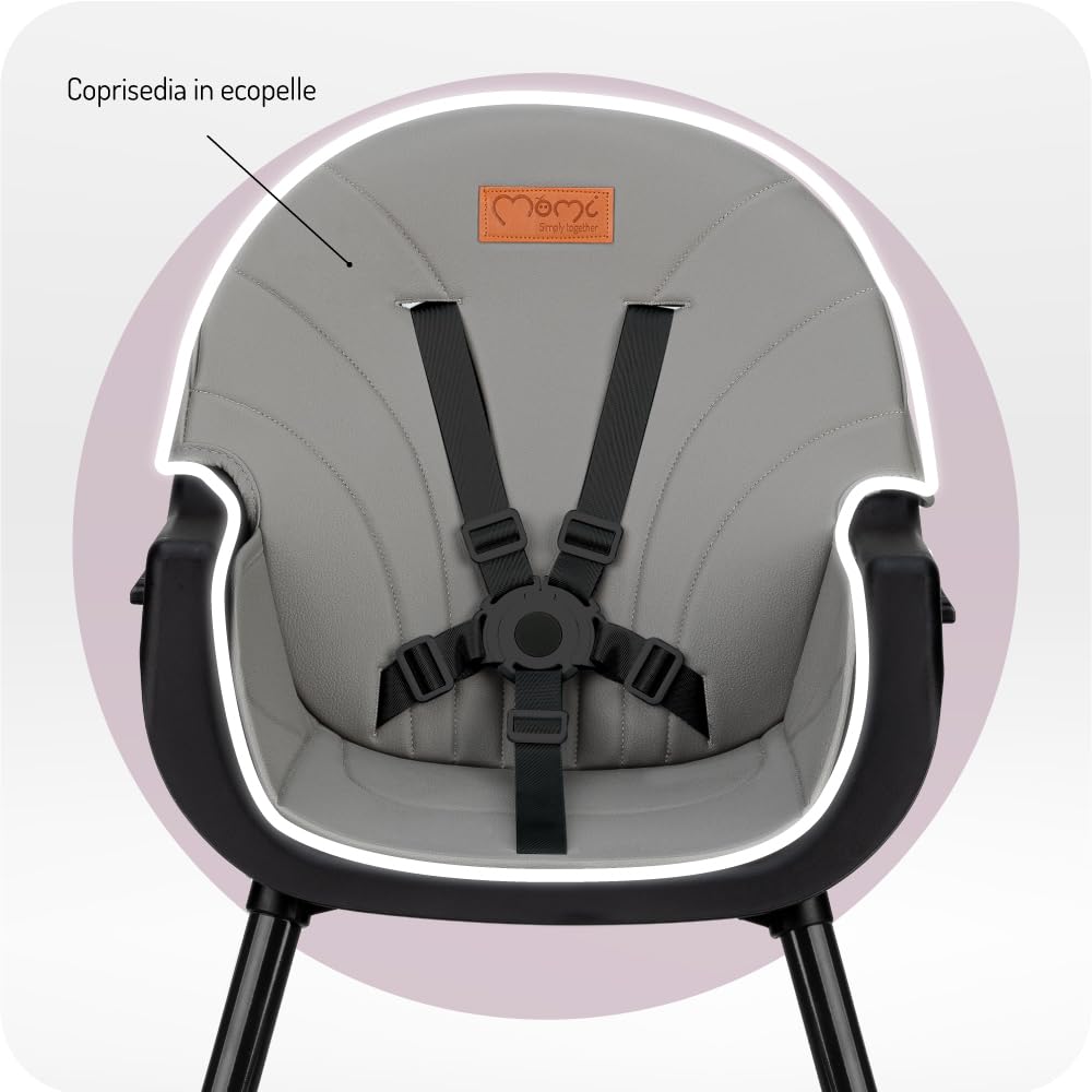 MoMi Seggiolone Pappa Evolutivo 3 in 1 - Sedia Evolutiva per Bambini da 6 a 36 Mesi - Cinture di sicurezza, Rivestimento in ecopelle, Poggiapiedi, Portabicchiere, Gioco con Ventosa - Nero