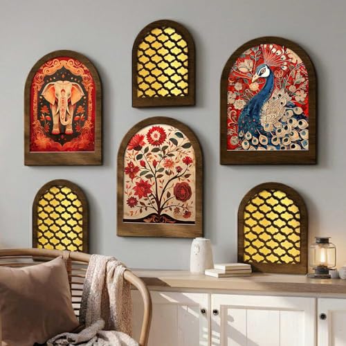 Image of Jharokha MDF Mirrors Home Decoration Items | Traditional Wall Decor Items for Living Room | Mirror Wall Hanging | Home Decor Items for Bedroom Office Set of 6 (9x12 inch & 7.5x9.5 inch)