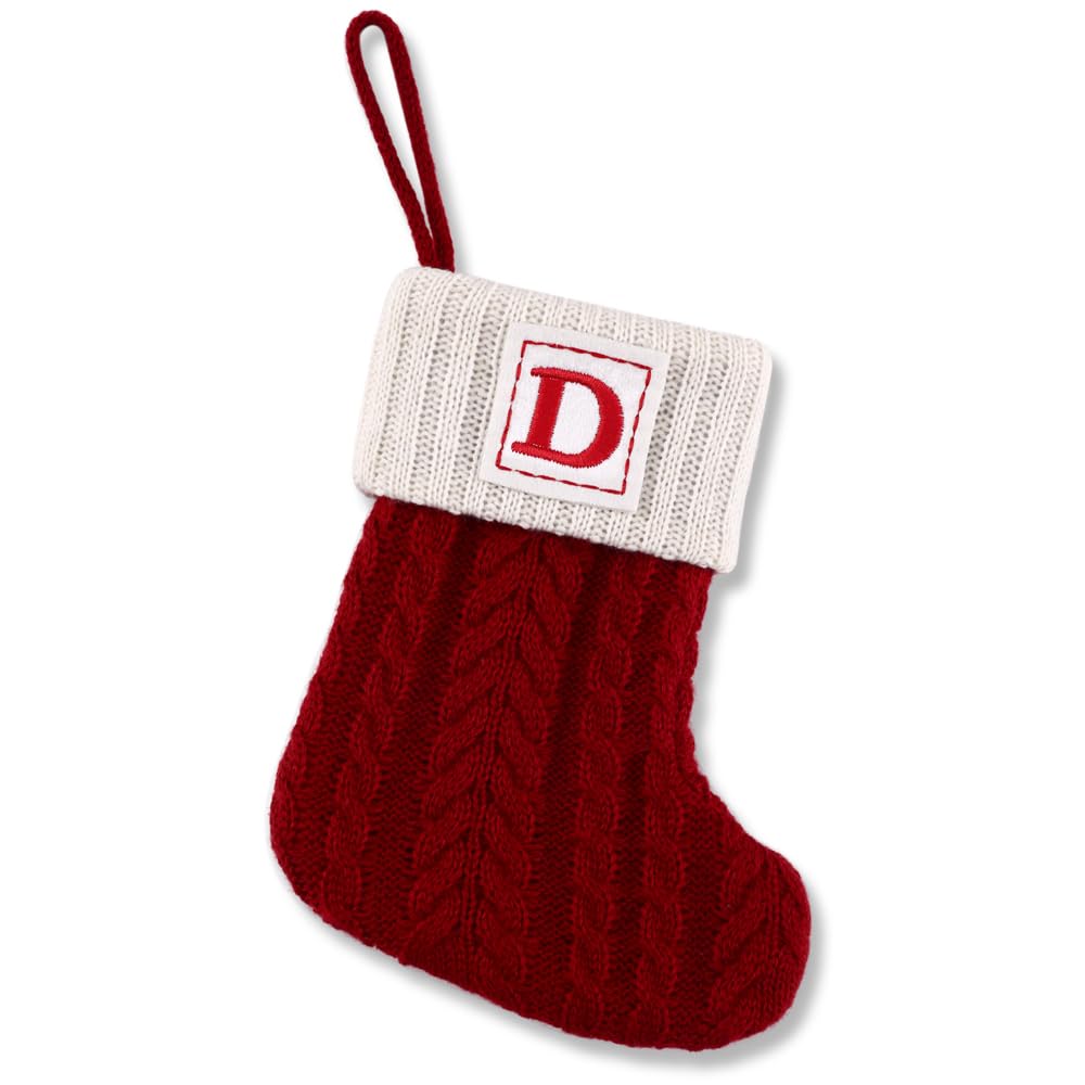 CRSMHLPK 8 Inch Mini Initial Christmas Stocking Monogram Embroidered Christmas Stocking Red,White,Green Knitted Handmade Small Christmas Stocking Decorations-Red-D-C10