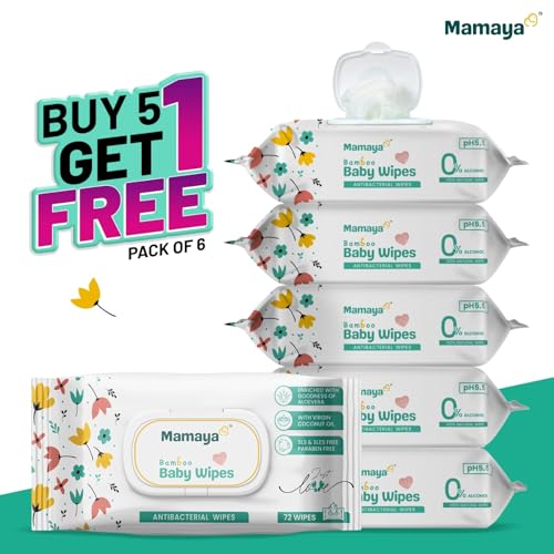 Image of Mamaya Bamboo Baby Wipes (Pack of 6) | 432 Wipes Total | Enriched with Virgin Coconut Oil & Aloe Vera | pH 5.5 Alcohol-Free Wipes for New Born Baby | Wet Wipes for Baby Combo Offers