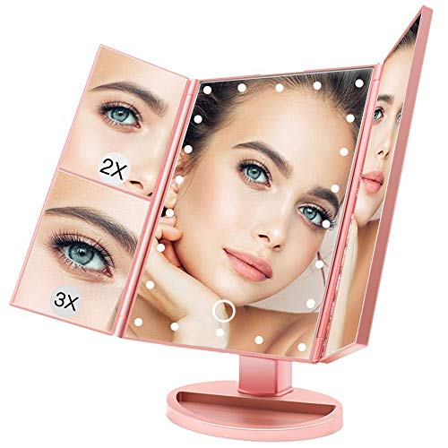 BUDDYGO Espejo Maquillaje con Luz LED, Espejos de Mesa USB Regulable, Espejo Cosmético con Espejo Aumento 1X, 2X, 3X, 180 ° de Rotación y Plegable, Espejo de Maquillaje Carga con USB o Batería
