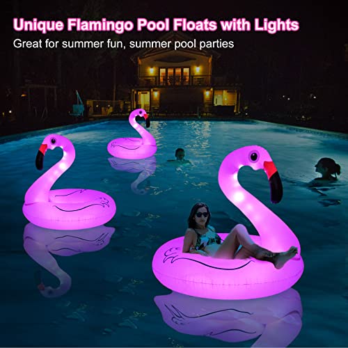 2Pcs Inflatable Flamingo Pool Floats With Lights, Flyfreeu Solar Powered Flamingo Swim Tube Rings, 42'' Lake Beach Floaties Swimming Rings Summer Pool Raft Lounger For Adults Water Party Supplies. #TOP6