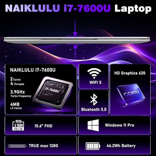 NAIKLULU 16 Pouces Ordinateur Portable Gaming, i7 7600U Processor (2,8 à 3,9 GHz) 32GB RAM 1TB SSD Laptop Pc Portable Gamer, 6000Mah/Clavier Complet Rétroéclairé/Webcam – Image 3