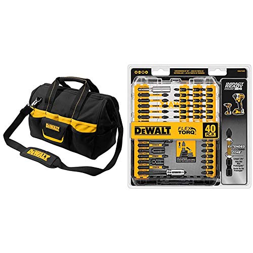 DEWALT DG5543 16 in. 33 Pocket Tool Bag, Black & DEWALT Screwdriver Bit Set, Impact Ready, FlexTorq, 40-Piece (DWA2T40IR),Black/Silver IMPACT READY FlexTorq Screw Driving Set, 40-Piece