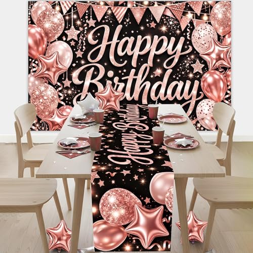 LIVUCEE Rose Gold and Black Birthday Decorations Set - Large 71"x45" Happy Birthday Banner Backdrop with Matching 72"x13" Table Runner - Polyester Party Supplies for Men Women Boys Girls