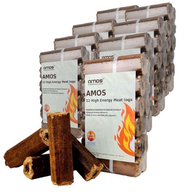 AMOS Ultra Dry High Energy Heat Logs Eco Friendly Low Smoke Minimal Ash Sustainable Recycled Wood Fuel for Open Fires Burners Chimeneas 240 Logs