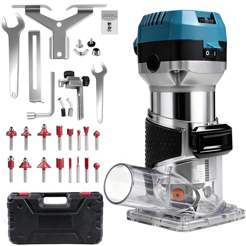 Holzfräse Oberfräse, 1000W Einhandfräse Kantenfräse Oberfräse Trimmer, 6 Variable Geschwindigkeite, Multifunktionsfräse mit 16 teiliges Fräser Set und Werkzeugtasche, Spannzange Ø 6.35 und 8 mm