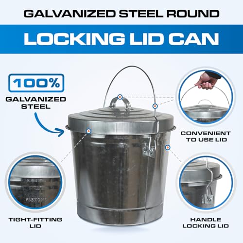 Image of Plexon 6 Gallon Small Metal Trash Can with Lid Outdoor Locking Galvanized Metal Garbage Can with Lid for Poultry Feed Bird Seed Storage Ash Galvanized Bucket