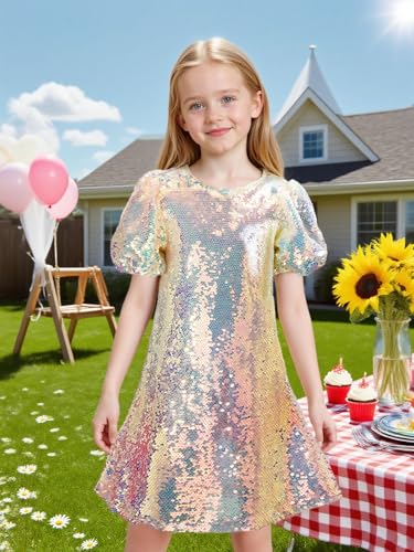 WELAKEN Girls Ombre Sequin Dress Sparkly Fancy Short Puff Sleeves Gradient Party Dress3