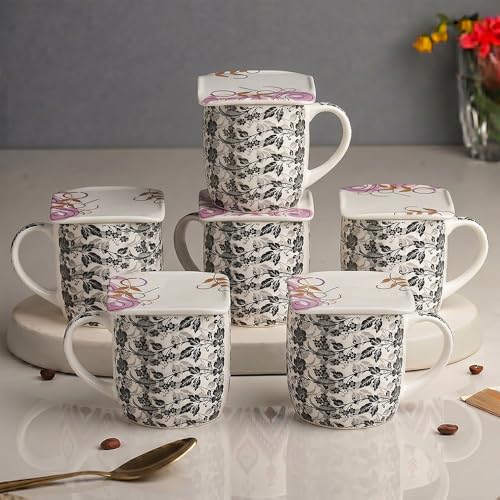 Image of U.P.C. Premium Bone China Ceramic Coffee Mug Set of 6 with 6 Coasters | Designer Tea & Coffee Cups |Printed Ceramic Mug Set | Tea Cups for Home,Office (Coffee-Mug-1053.)