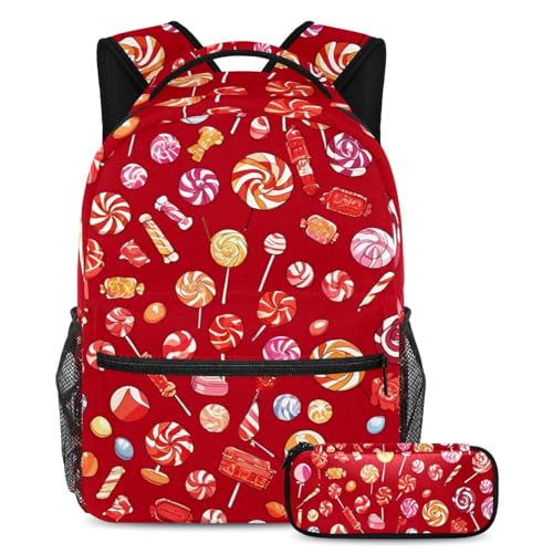 Sac à dos et trousse à crayons motif bonbons rouges pour en finir avec le désordre scolaire