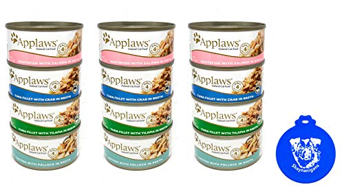 Applaws Additive Free Canned Cat Food in Broth in 4 Flavors: (3) Whitefish & Salmon, (3) Tuna & Tilapia, (3) Catfish & Pollack & (3) Tuna & Crab (12 Cans Total, 2.47 Ounces Each) Plus Silicone Lid