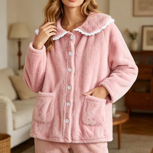 VBTAPA Pajama Set Women Bed Jackets for Women Cozy Fleece Long Sleeve Lounge Coats Fall Winter Lightweight Button Cardigan With Pockets 2026 Pink M - image 2