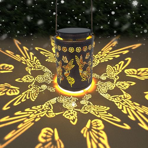 Decorative Solar Lantern Outdoor, Hanging Garden Light with Ladybug Pattern Projection, Waterproof Metal Lantern for Patio Yard Porch, Unique Gift for Women Men Mom Grandma