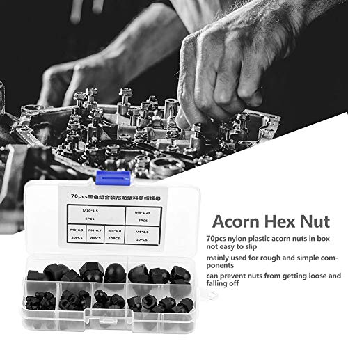 Uadme 70Pcs Acorn Dome Cap Nuts Assortment Kit, M3 M4 M5 M6 M8 M10 Nylon Hex Caps for Protecting Hexagon Screws Bolts Black - Image 2