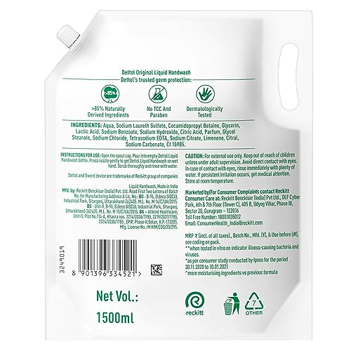 Image of Dettol Liquid Hand wash Refill Original -1500 ml & Dettol Disinfectant Cleaner for Home, Lime Fresh - 1L