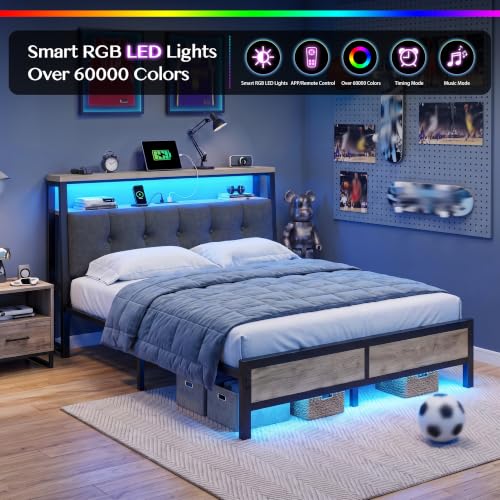 Image of Homkdom Full Bed Frame with Upholstered Headboard & Charging Station