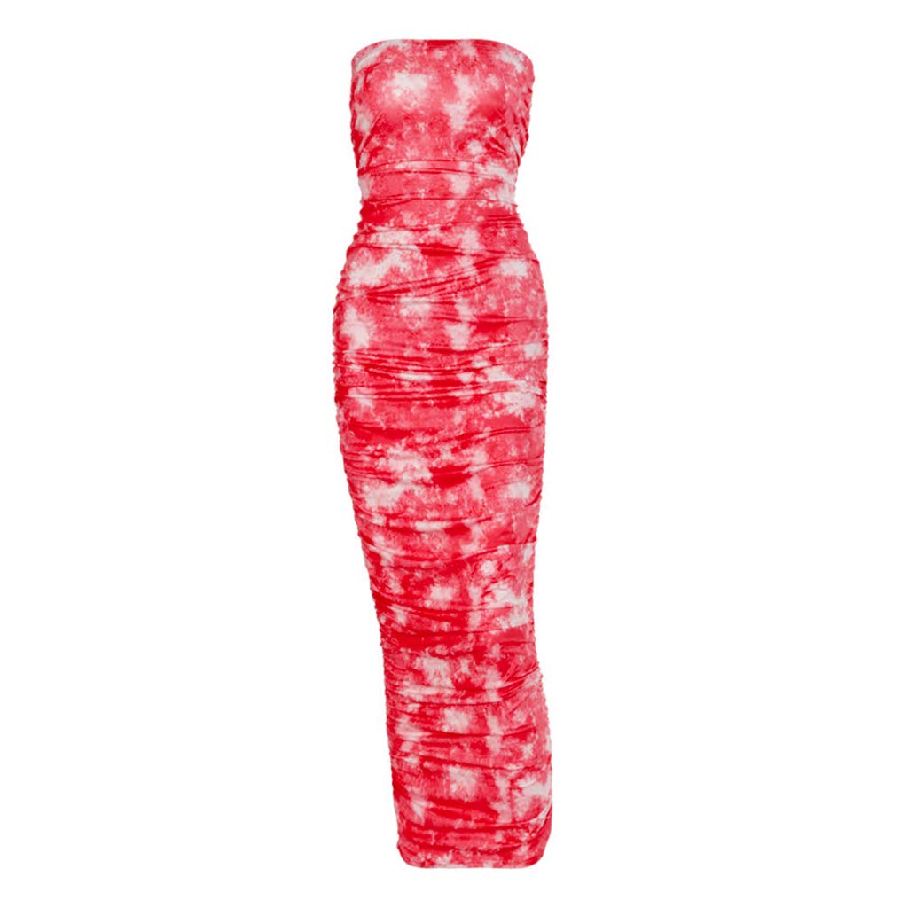Kcibyvx Damen Sommerkleid, sexy, trägerlos, figurbetont, Maxikleid, langes Kleid, Batik-Druck, gerafft, rückenfrei, Empire-Taille, Strand, Party, Clubwear