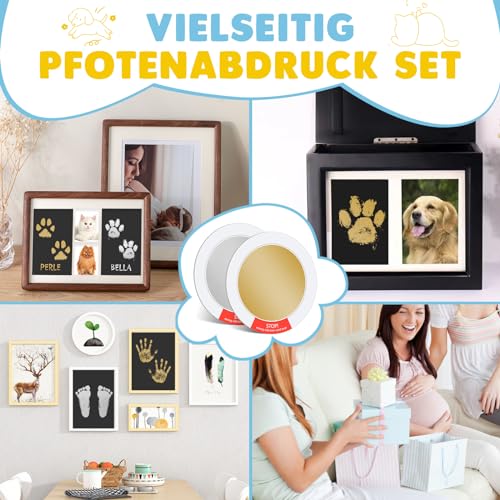 Pfotenabdruck Set Hund Katze, 2 Pcs Farbe Fussabdruck Baby Set mit 2 Fotorahmen 4 Karten, Hundepfoten Abdruck Machen, ohne Kontakt zur Farbe, Katze Geschenk für Hundebesitzer (Gold & Silber)