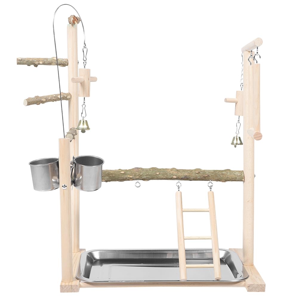 SHINEOFI Supporto per Uccelli in Legno di Pepe, Trespolo Stabile con Area Giochi Interattiva, Parco Giochi per Pappagalli e Parrocchetti con Scomparti Porta Accessori, per Gabbie e