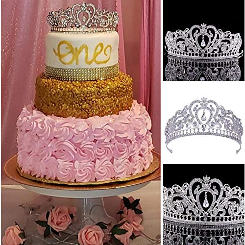 Silver Crown Cake Topper Girls Women Birthday Party Tiara Cake Topper Crystal Rhinestone Beaded Princess Hair Accessory #TOP1